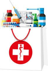 Set of bottles, tablets, pills, pharmacy delivery
