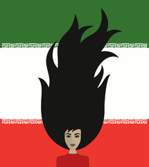 Iranian women protest against hijab, equal rights, woman free her hair in the air illustration - obrazy, fototapety, plakaty