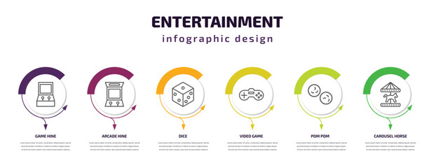 Fototapeta premium entertainment infographic template with icons and 6 step or option. entertainment icons such as game hine, arcade hine, dice, video game, pom pom, carousel horse vector. can be used for banner, info