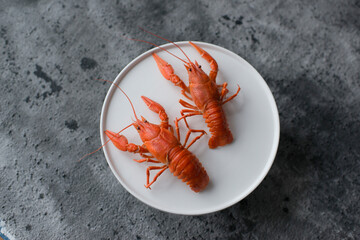 Boiled crayfish on a plate, minimalism.