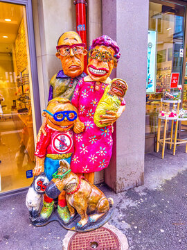 The modern sculpture of the family at eyeglass store, on March 30 in Lucerne, Switzerland