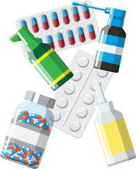 Set of bottles, tablets, pills, capsules and spray