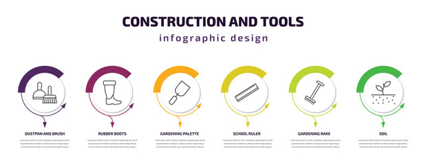 construction and tools infographic template with icons and 6 step or option. construction and tools icons such as dustpan brush, rubber boots, gardening palette, school ruler, gardening rake, soil