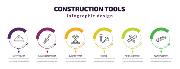 construction tools infographic template with icons and 6 step or option. construction tools icons such as safety helmet, garage screwdriver, electric tower, screws, pencil and ruler, plumb rule tool