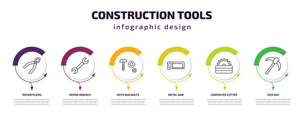 construction tools infographic template with icons and 6 step or option. construction tools icons such as repair pliers, repair wrench, nuts and bolts, metal saw, carpenter cutter, pick axe vector.