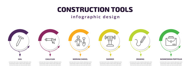 Fototapeta premium construction tools infographic template with icons and 6 step or option. construction tools icons such as nail, caulk gun, working shovel, rammer, drawing, businessman portfolio vector. can be used
