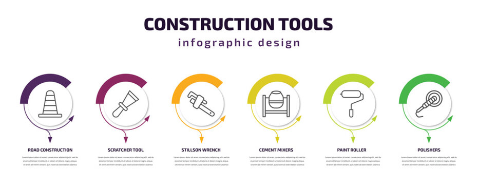 construction tools infographic template with icons and 6 step or option. construction tools icons such as road construction, scratcher tool, stillson wrench, cement mixers, paint roller, polishers