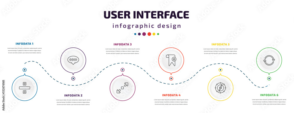 Poster user interface infographic element with icons and 6 step or option. user interface icons such as div