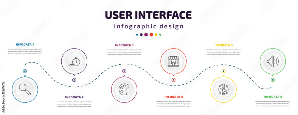 Poster user interface infographic element with icons and 6 step or option. user interface icons such as loo