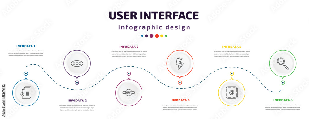 Poster user interface infographic element with icons and 6 step or option. user interface icons such as new