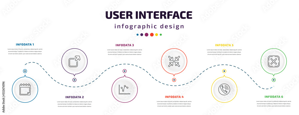 Poster user interface infographic element with icons and 6 step or option. user interface icons such as pad