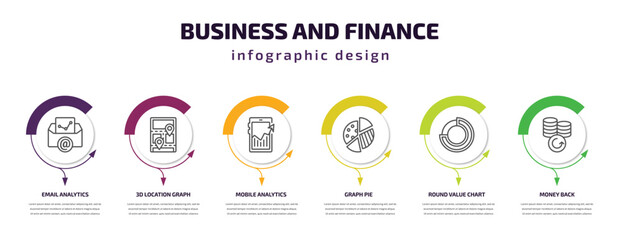 business and finance infographic template with icons and 6 step or option. business and finance icons such as email analytics, 3d location graph, mobile analytics, graph pie, round value chart,