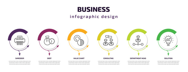 business infographic template with icons and 6 step or option. business icons such as shredder, debt, value chart, consulting, department head, solution vector. can be used for banner, info graph,