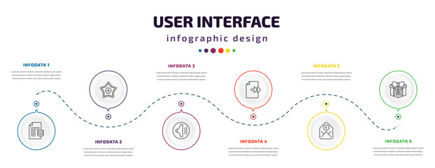 user interface infographic element with icons and 6 step or option. user interface icons such as data analytics content, favourite, medium volume, next page, envelope, giftbox vector. can be used