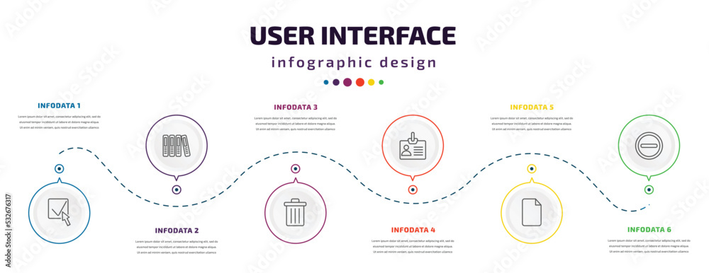 Poster user interface infographic element with icons and 6 step or option. user interface icons such as che