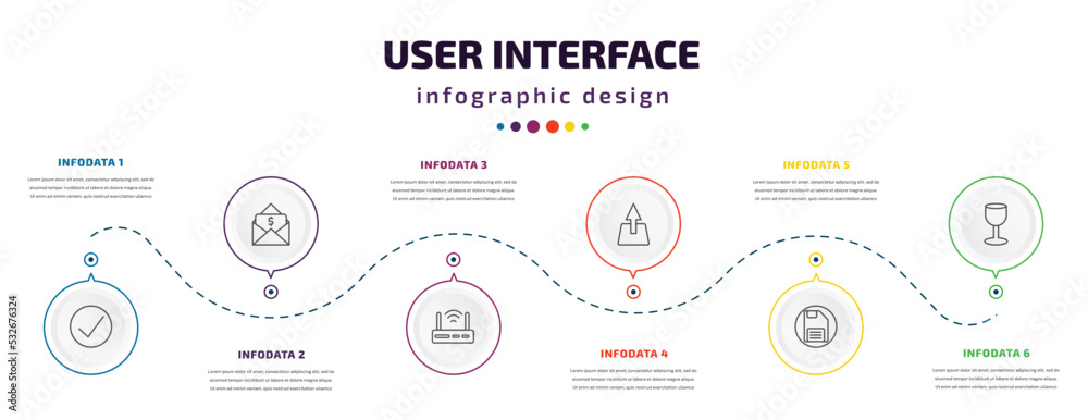 Poster user interface infographic element with icons and 6 step or option. user interface icons such as che