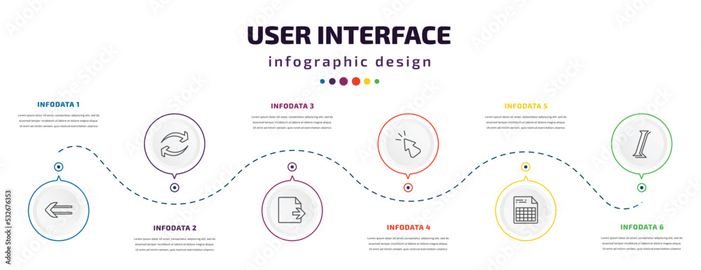 Poster user interface infographic element with icons and 6 step or option. user interface icons such as slim left, synchronisation, export archive, cursor arrow, document with tables, italics vector. can