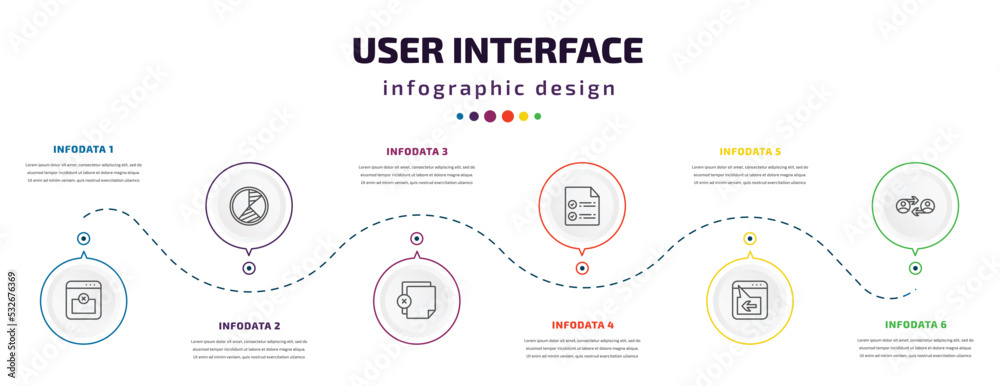 Poster user interface infographic element with icons and 6 step or option. user interface icons such as rem