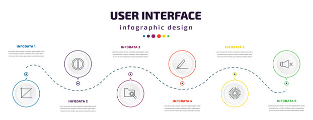 user interface infographic element with icons and 6 step or option. user interface icons such as crop button, letter i, search in folder, pen writing a line, loading indicator, sound off vector. can