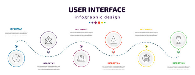 Fototapeta na wymiar user interface infographic element with icons and 6 step or option. user interface icons such as check box, dollars in a mail, internet modem, uploading from drive, floppy disk save button, glass