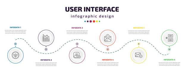 user interface infographic element with icons and 6 step or option. user interface icons such as bottom arrows, decreasing bars chart, insert picture, unread mail, postal, page break vector. can be