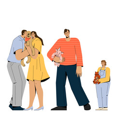 People holding cute pets set. Happy woman and man kiss his dog, man with little pig and child with lovelykittie in hands.