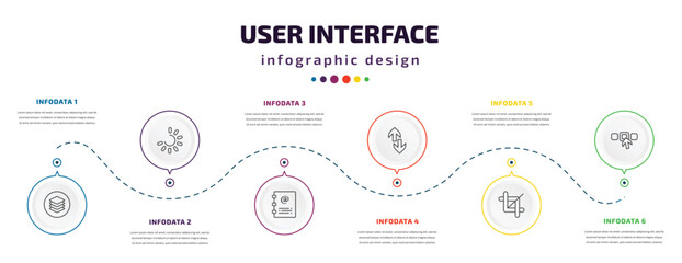 user interface infographic element with icons and 6 step or option. user interface icons such as layer button, loading process, contact notebook, up and down arrow, crop tool, elections vector. can