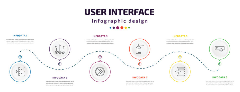 user interface infographic element with icons and 6 step or option. user interface icons such as left side alignment, abc item chart, right button, spray paint, indent, text in vector. can be used