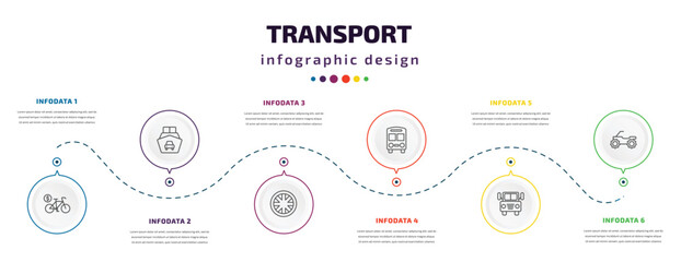transport infographic element with icons and 6 step or option. transport icons such as bicycle rental, ferry carrying cars, alloy wheel, bus front with driver, prison bus, quad bike vector. can be