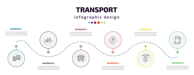 Fototapeta na wymiar transport infographic element with icons and 6 step or option. transport icons such as public transportation, bikes, school bus empty, slippy road, motorbike, petrol station vector. can be used for