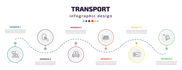 transport infographic element with icons and 6 step or option. transport icons such as airport checking, hands free device, electro car, ferry, plane tickets, carrier vector. can be used for banner,