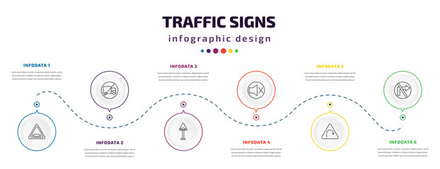 traffic signs infographic element with icons and 6 step or option. traffic signs icons such as hump, no trucks, bump, no sound, left hair pin, no turn right vector. can be used for banner, info