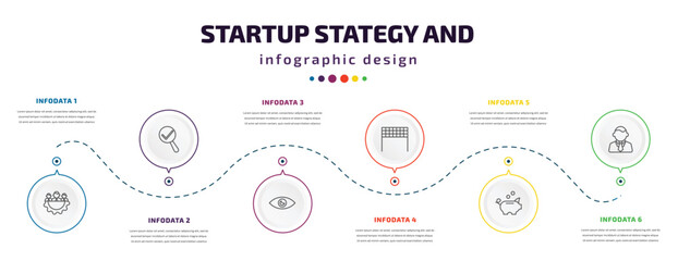 startup stategy and infographic element with icons and 6 step or option. startup stategy and icons such as management, validate, vision, finish line, piggybank, ceo vector. can be used for banner,