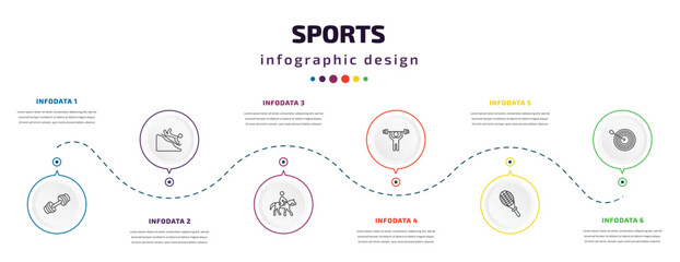 sports infographic element with icons and 6 step or option. sports icons such as weighted bars, snow slide zone, horseback, weight lifting, squash, dartboard with dart vector. can be used for