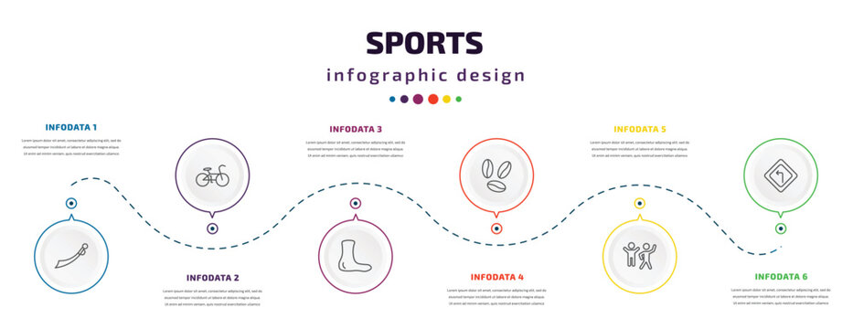 sports infographic element with icons and 6 step or option. sports icons such as saber, race bike, ankle, brazilian, excercise, left bend vector. can be used for banner, info graph, web,