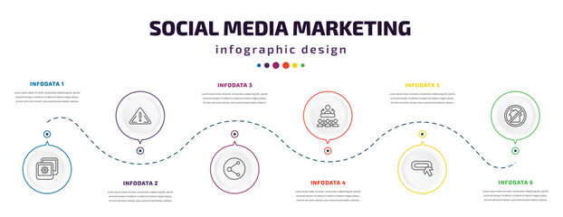 Fototapeta na wymiar social media marketing infographic element with icons and 6 step or option. social media marketing icons such as photos, importance, photo share, conference, buttons, homeless vector. can be used