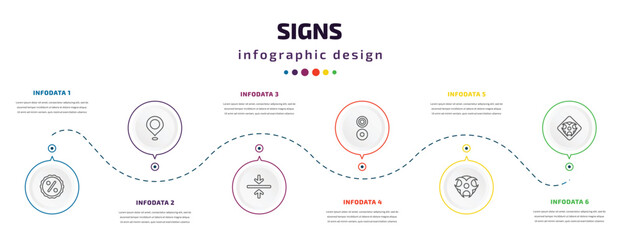 signs infographic element with icons and 6 step or option. signs icons such as percentage discount, placeholders, alignment, reason, toxic warning, toxic material vector. can be used for banner,