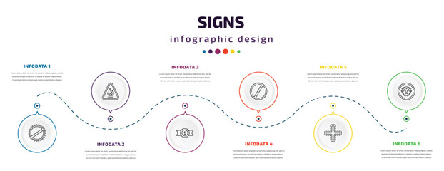 signs infographic element with icons and 6 step or option. signs icons such as prohibition, fire hazard, class reward, prohibition circle, addition, radioactive vector. can be used for banner, info
