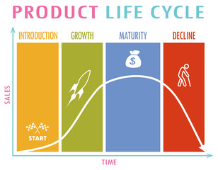 graphic representation of a product life cycle , from its introduction to the market, its growth, its maturity and generation of benefits and finally its decline - obrazy, fototapety, plakaty