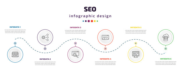 seo infographic element with icons and 6 step or option. seo icons such as binary code, sharing, web optimization, command, program interface, data storage vector. can be used for banner, info