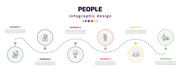 people infographic element with icons and 6 step or option. people icons such as sculptor working, graduating woman, playing with a rope, give a piggy back ride, relations, radiologist working