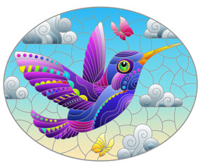 An illustration in the style of a stained glass window with a bright cartoon hummingbird bird on a background of blue sky and clouds, oval image