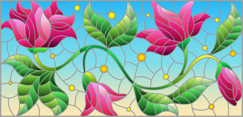 Illustration in the style of a stained glass window with a floral arrangement on a blue background, rectangular image