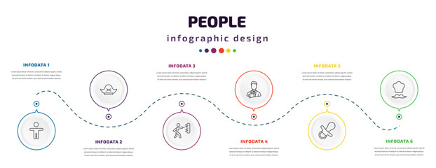 people infographic element with icons and 6 step or option. people icons such as crucified pose, pirate head, man throwing a dart, tumb up business man, baby pacifier, chief vector. can be used for