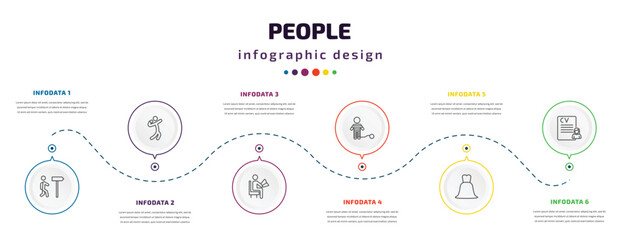 people infographic element with icons and 6 step or option. people icons such as walking to school, shot put, sitting man reading, war prisioner, bride dress, woman covering vector. can be used for
