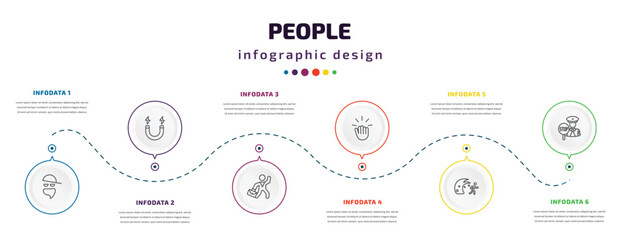 people infographic element with icons and 6 step or option. people icons such as gangsters, electromagnet, businessman dancing, knocking, waves danger, traffic police vector. can be used for banner,