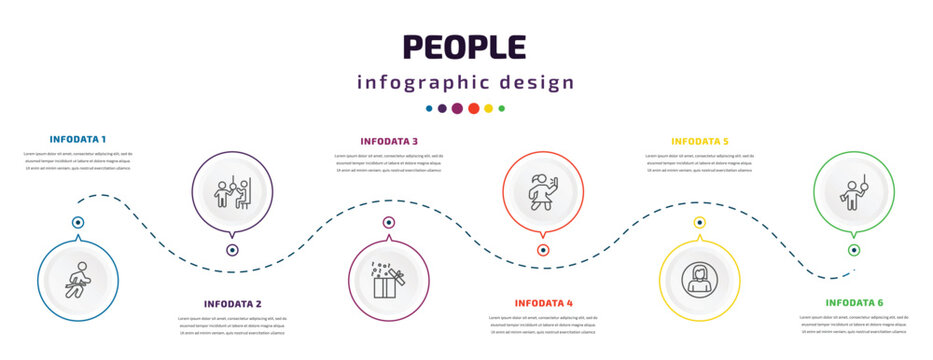 people infographic element with icons and 6 step or option. people icons such as running at finish line, pregnant priority, open present box, woman taking a photo, woman profile, ticket collector