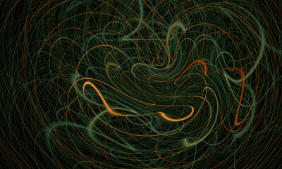 Artistic 3d flow of particles or elements in shape of worms or twirls in golden green hues over dark background. Concept of chaos, thick of vibrations. Great as cover print, blank for design ideas. - obrazy, fototapety, plakaty