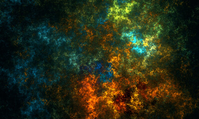 Fantastic clusters of starry dust, galaxies, clouds or celestial bodies in orange yellow blue colors. Artistic digital 3d representation of astrological aspect of being. Cosmic epic pattern of sky.