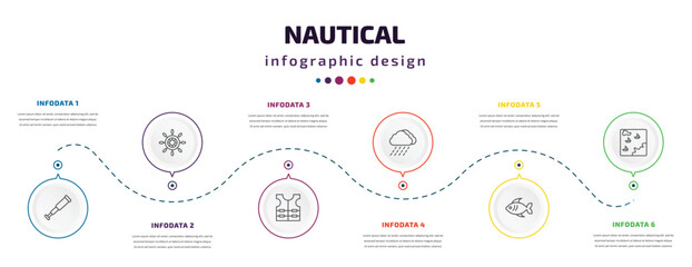 nautical infographic element with icons and 6 step or option. nautical icons such as nautical monocular, helm, vest, rainy cloud, fish, map vector. can be used for banner, info graph, web,